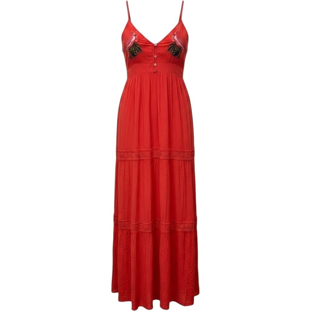 Madeline & Monroe Flamingo Embroidered Sleeveless Button Front Tiered Maxi Dress